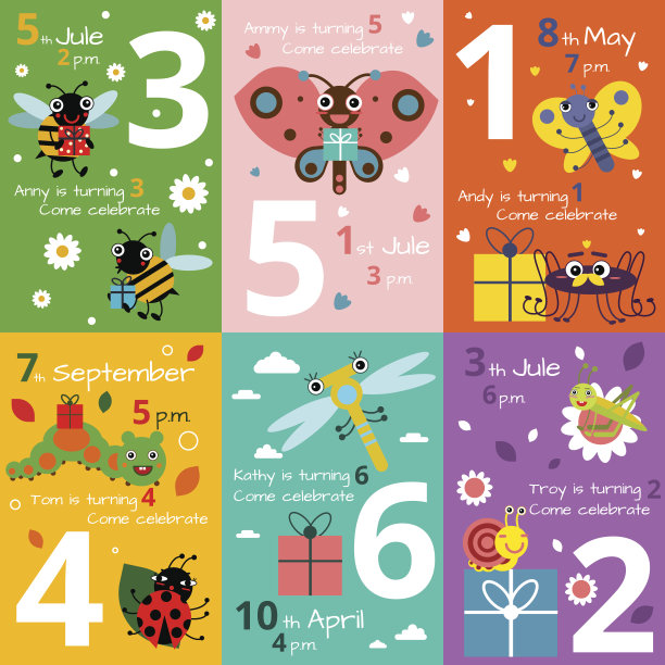 孩子们的生日请柬上有有趣的昆虫和虫子的插图。矢量图片图片下载