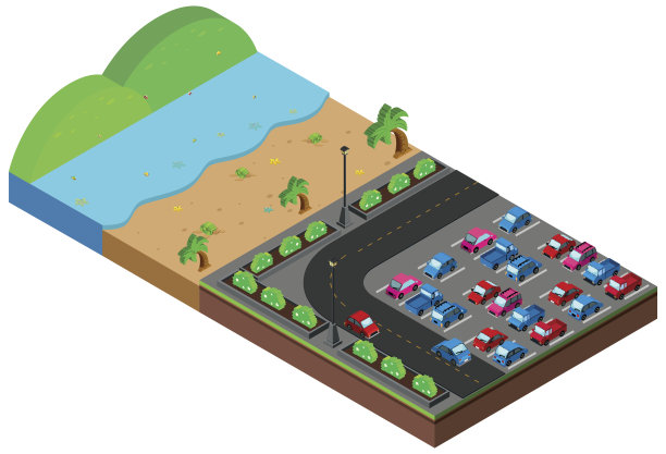 海滩场景与停车场在3D设计图片下载