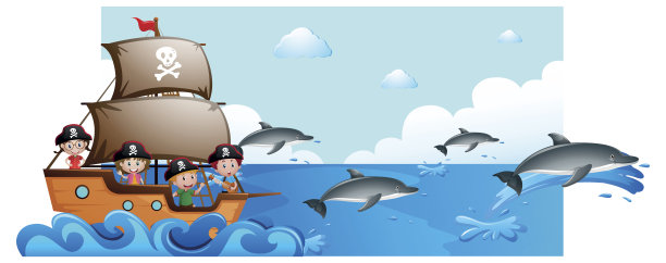 孩子们在船上，海豚在水下的海洋场景素材图片