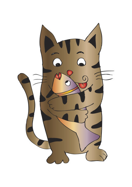 可爱的猫拥抱一条鱼。手绘插图。图片下载