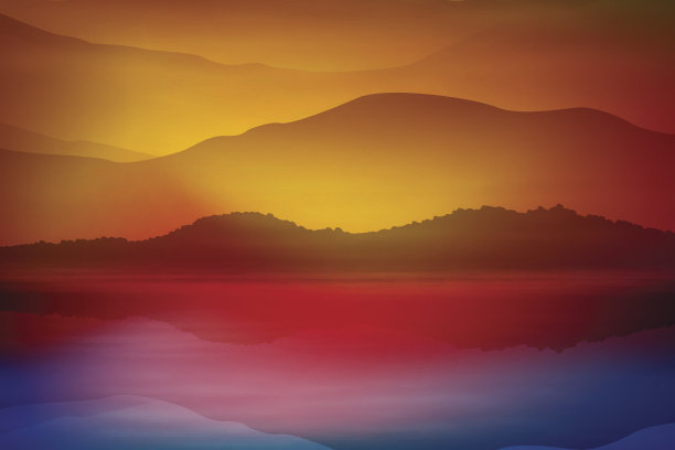 背景有海和山。日落时间。图片下载