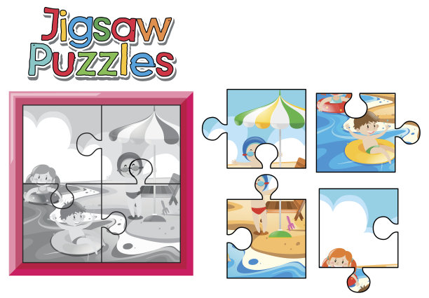 和孩子们在沙滩上玩拼图游戏图片下载
