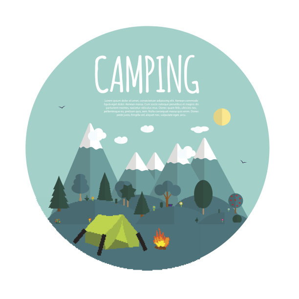夏季露营自然背景在现代扁平风格与Sampl图片下载