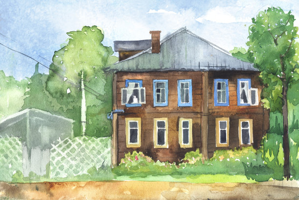 木屋的水彩画图片下载