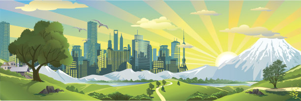 全景。景观-早晨到现代城市。图片下载