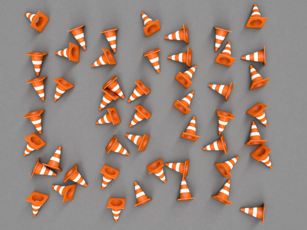 橙色道路锥与条纹俯视图。三维渲染图片下载