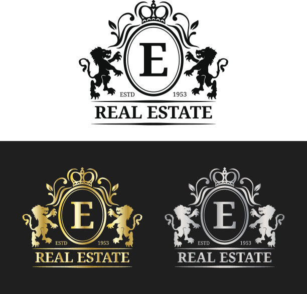 矢量房地产字母组合图标模板。豪华字母设计。优雅的复古字符与皇冠和狮子的符号图片下载