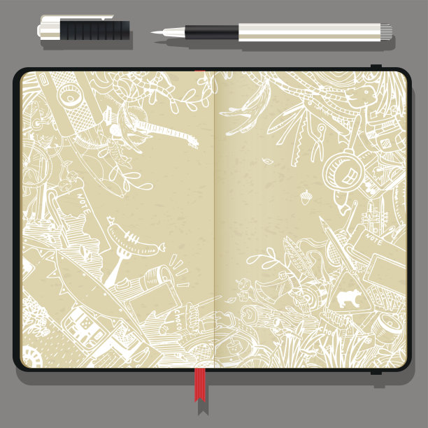 矢量工艺纸笔记本与细眼线笔和手绘涂鸦。冒险野营对象。旅行和娱乐时间概念。图片下载