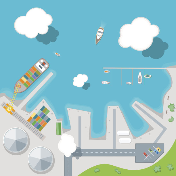 卡通港口小镇和驳船。向量图片下载