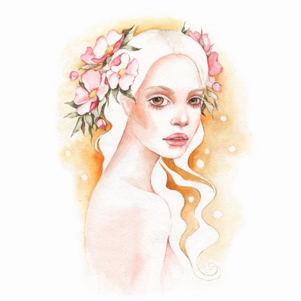 女孩。浪漫的水彩插图与花素材图片