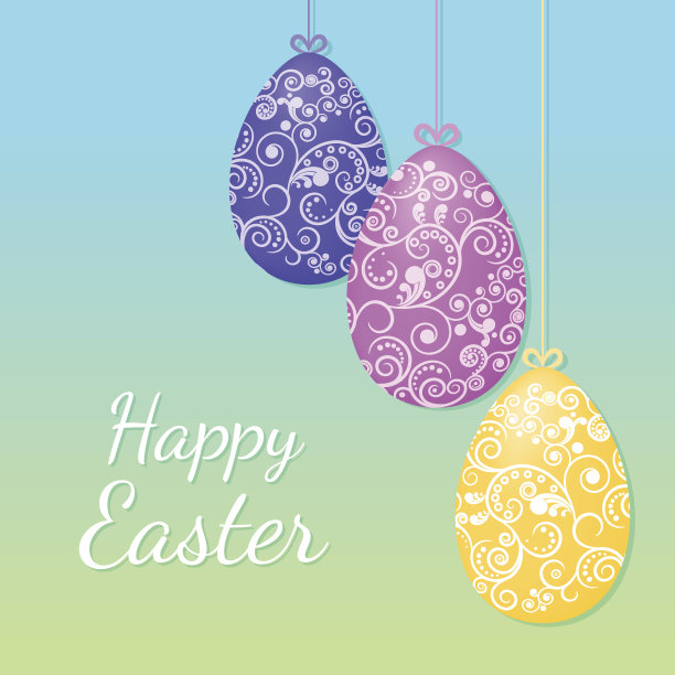 矢量插图。复活节彩蛋上用彩带串上蝴蝶结，装饰上花卉图案。设计节日横幅，名片，请柬。图片下载