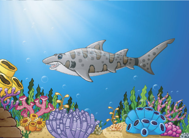 卡通鲨鱼鱼在美丽的水下素材图片