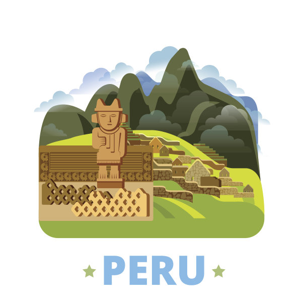 秘鲁国家设计模板。平面卡通风格的历史景观展示网站矢量插图。世界度假旅游南美观光收藏。在马丘比丘Trujillo的Chan Chan。素材图片