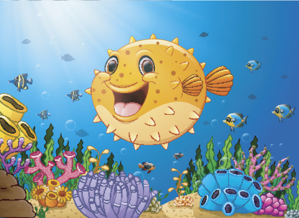 卡通河豚与海洋生物素材图片