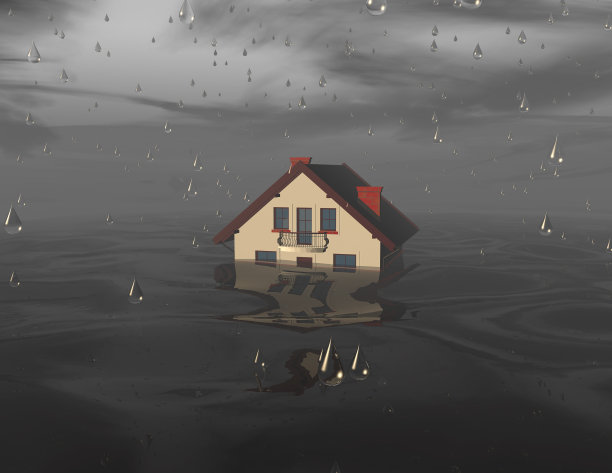 洪水概念插图，房子在水下。图片下载