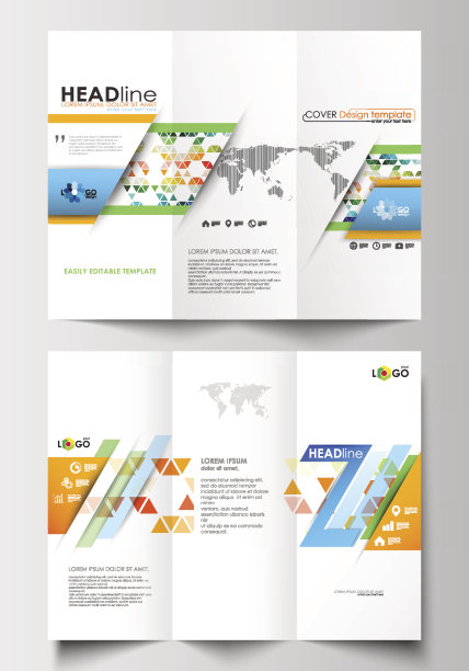 三折宣传册商业模板，双面。易于编辑的平面设计布局。抽象三角形，三角形背景，现代彩色多边形向量图片下载