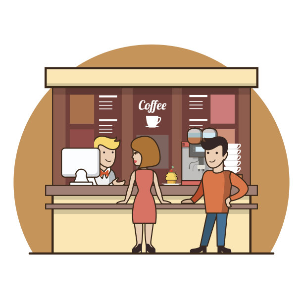 直线扁平化顾客在咖啡店线上选择饮品矢量插图。服务员，收银员，男人，女人，顾客。休息时间的概念。图片下载