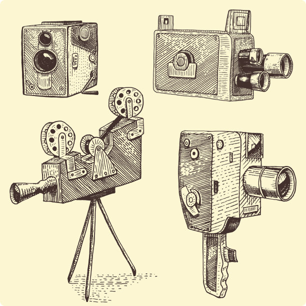 照片电影或电影相机古董，雕刻，手绘素描或木刻风格，老看复古镜头，孤立的矢量现实插图图片下载