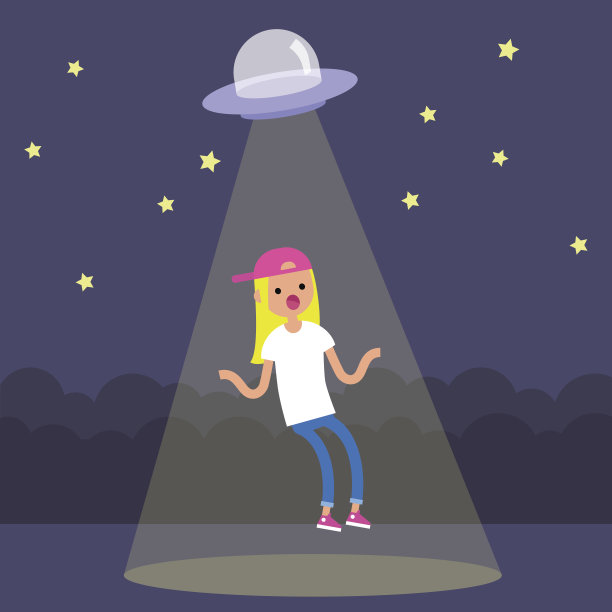 年轻惊讶的金发女孩被不明飞行物飞船绑架图片下载