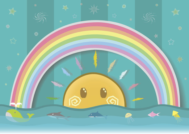 彩虹与太阳和动物在海里游泳。色彩背景日出，夜空和鲸鱼吹。图片下载