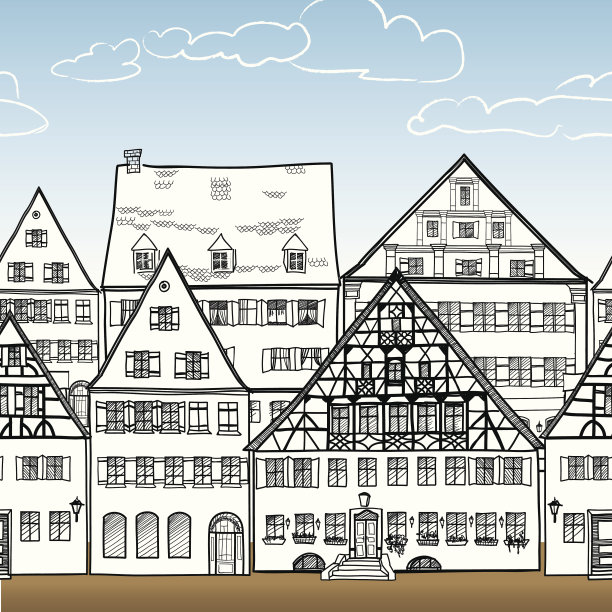 舒适的街道。房子的视角。手绘无缝景观。图片下载