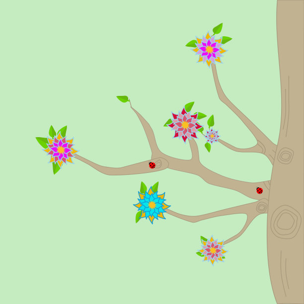 一棵有花和瓢虫的树图片下载