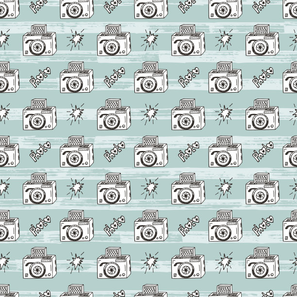 80年代波普艺术墙纸。矢量无缝模式手绘涂鸦相机。复古相机照片图片下载