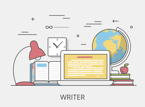 直线平面文案服务网站英雄形象矢量插画。数字服务工具和技术概念。笔记本电脑，书籍，文本编辑软件界面。图片下载