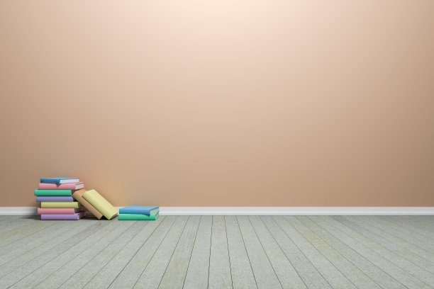 室内颜色柔和的房间，木地板和书，用于展示您的产品。- 3D渲染图像。图片下载