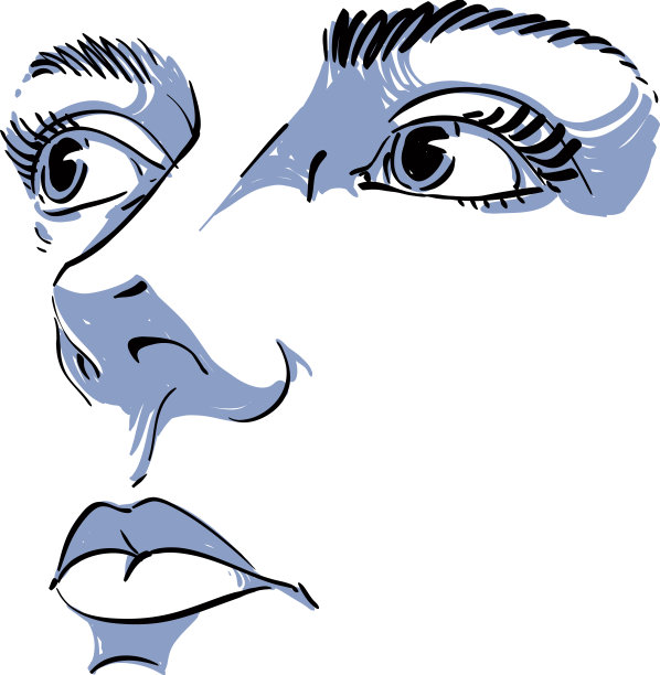 黑白插画女士脸，五官精致。平静的女人表达积极情绪的眼睛和嘴唇。图片下载