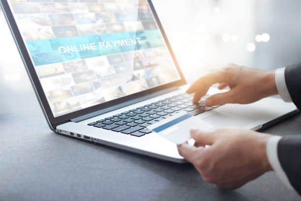 手握信用卡和使用笔记本电脑的商人，网上购物的概念图片下载