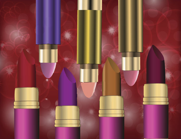 迷人的一套管与彩色唇膏和balm在闪闪发光的效果背景。图片下载