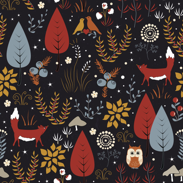 矢量无缝模式与森林植物，鸟类和狐狸。秋天背景素材图片