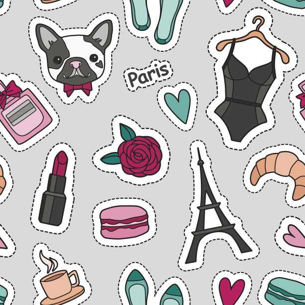 可爱时尚的无缝图案与徽章:心，埃菲尔铁塔，花，杏仁饼干，内衣，口红，斗牛犬，香水，鞋子，羊角面包，咖啡。图片下载