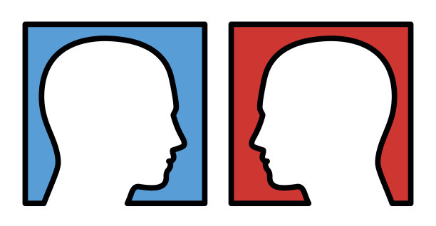 对立——两个人看着对方，以蓝色和红色为背景，象征竞争、对抗、对手、反对者或争论者。孤立的矢量插图上的白色背景。图片下载