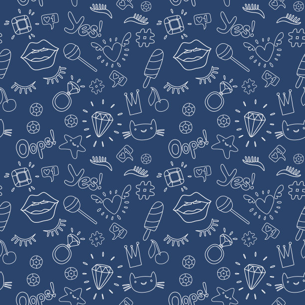 可爱时尚无缝图案的贴片徽章:嘴唇，心，眼睛，戒指，星星，猫，睫毛，冰淇淋，亮片。素材图片