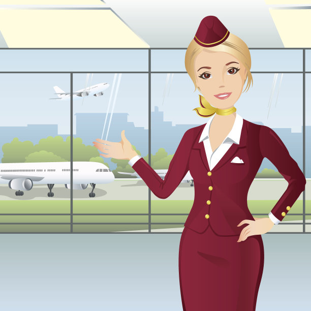 漂亮的空姐指着机场窗口的风景素材图片
