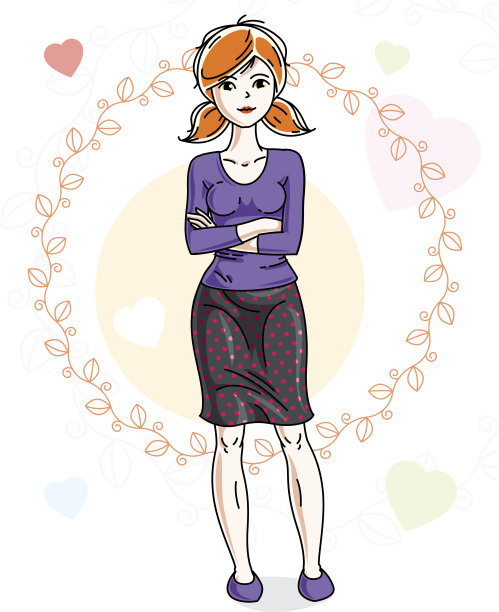 年轻美丽的红发女人成年站在多彩的背景与情人心在现代休闲衣服。矢量漂亮的女士插图。图片下载