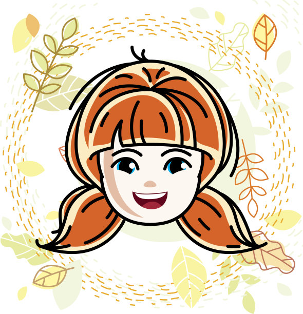 可爱女孩的脸，人的头。矢量红发字符，微笑女孩的脸特征。图片下载