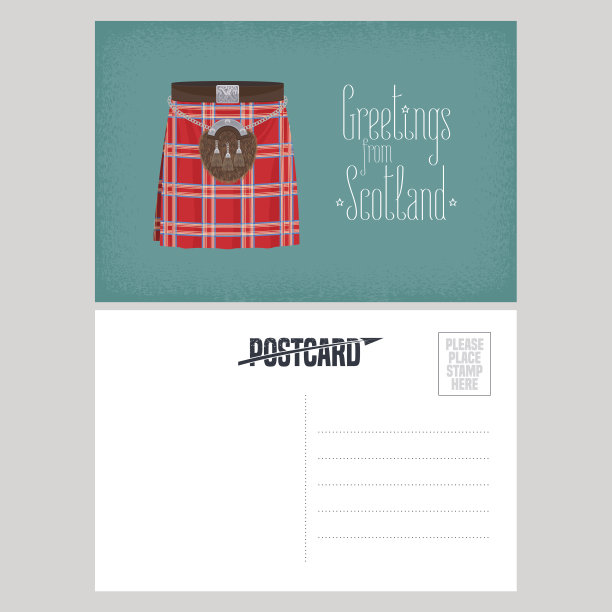 明信片与苏格兰传统短裙短裙矢量插图图片下载