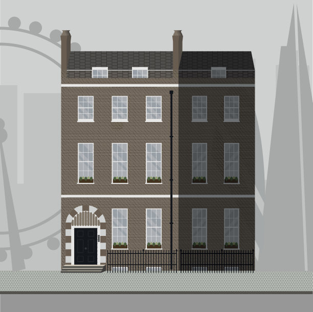 英国传统的砖砌公寓，窗户和烟囱上有花。图片下载