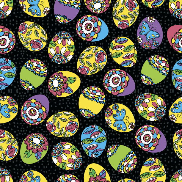 彩色复活节彩蛋、花卉和蝴蝶黑色背景无缝图案矢量素材图片下载