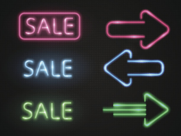 一套霓虹灯销售横幅与发光箭头。向量图片下载