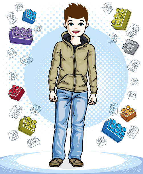 可爱的小男孩穿着时尚的休闲装站在那里。向量的孩子说明。童年生活方式的卡通。图片下载