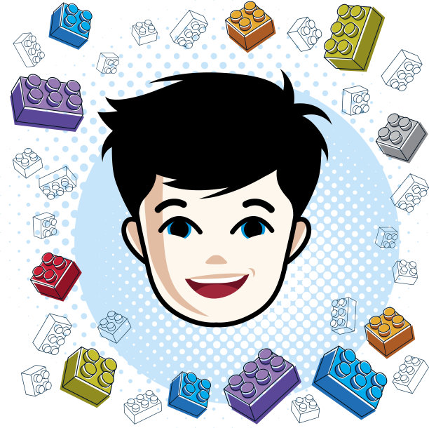 男孩的脸，人的头。矢量人物，快乐的黑发少年与时尚的发型。图片下载