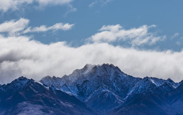 新西兰瓦纳卡湖的蓝天、白云和雪山的山峰图片下载