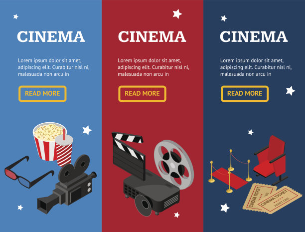 电影概念电影横幅垂直集等距视图。向量图片下载