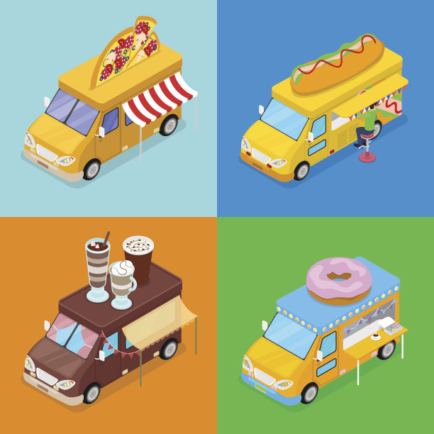 有披萨和咖啡馆的等距街头快餐车图片下载
