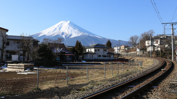 富士山和大月城线铁路在上午图片下载