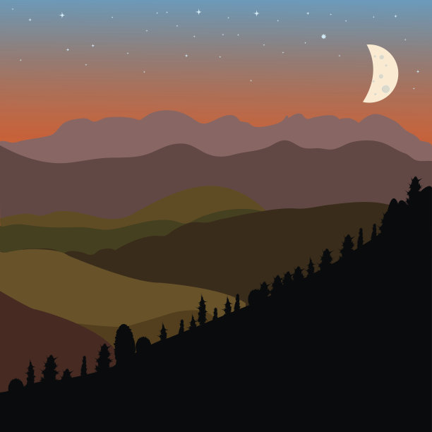 向量景观与棕色，绿色和黑色山的轮廓和月亮素材图片